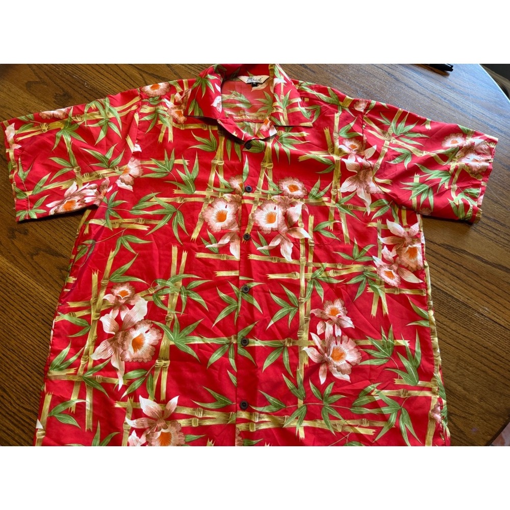 Alvish Mens XL Hawaiian Shirt Red Bamboo Orchid Floral Tropical Camp Button Down